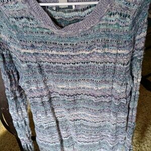 CJ Banks Light Blue and Mint Open-Knit Crewneck Sweater